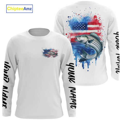 Custom Watercolor American Flag Patriotic Striped Bass Long Sleeve Tournament Fishing Shirt IPHW9197