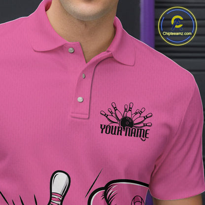 Custom Funny Pink Breast Cancer Bowling Men Polo Shirt, Breast Cancer Fighter Jerseys IPHW9395