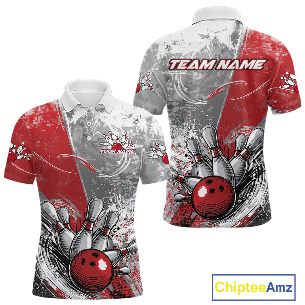 Custom Grunge Red Bowling Polo Shirts For Men, Distressed Vintage Bowling Team Shirts IPHW9550