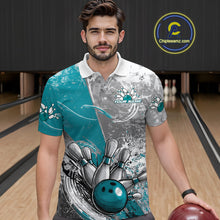 Load image into Gallery viewer, Custom Grunge Blue Bowling Polo Shirts For Men, Distressed Vintage Bowling Team Shirts IPHW9551