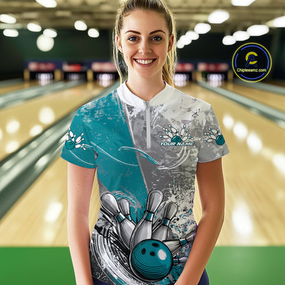 Custom Grunge Blue Bowling Women Quarter-Zip Shirt, Distressed Vintage Bowling Shirts IPHW9551