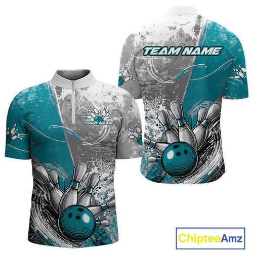 Custom Grunge Blue Bowling Quarter-Zip Shirts For Men, Distressed Vintage Bowling Team Shirts IPHW9551
