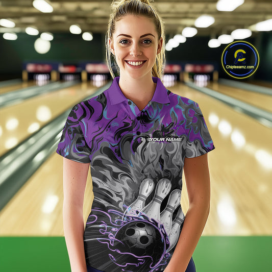 Custom Blue And Purple Fame Bowling Team Polo Shirts For Women, Fire Bowling Jerseys IPHW9559