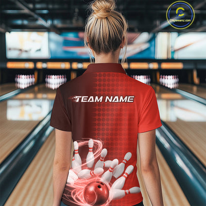 Custom Red Flame Bowling Women Quarter-Zip Shirts, Bowling Tournament Team Shirt IPHW9408