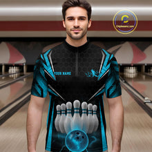 Load image into Gallery viewer, Custom Black And Blue Bowling Team Jerseys, Bowler Uniform Bowling Quarter-Zip Shirts For Men IPHW9284