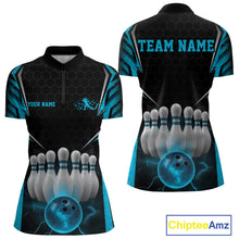 Load image into Gallery viewer, Custom Black And Blue Bowling Team Jersey, Bowler Uniform Bowling Women Quarter-Zip Shirt IPHW9284