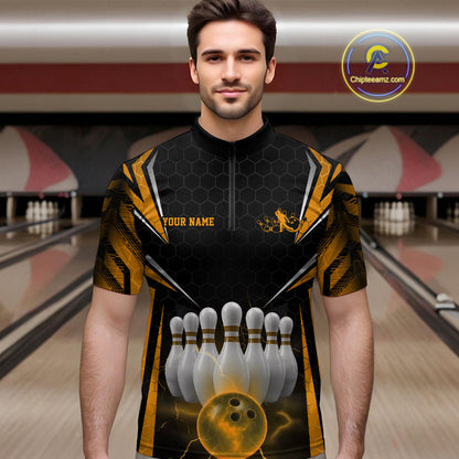 Custom Black And Yellow Bowling Team Jerseys, Bowler Uniform Bowling Quarter-Zip Shirts For Men IPHW9286