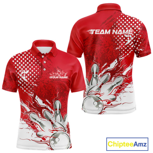 Custom White And Red Bowling Team Polo Shirts For Men, Flame Bowling Jerseys Team Shirt IPHW9618