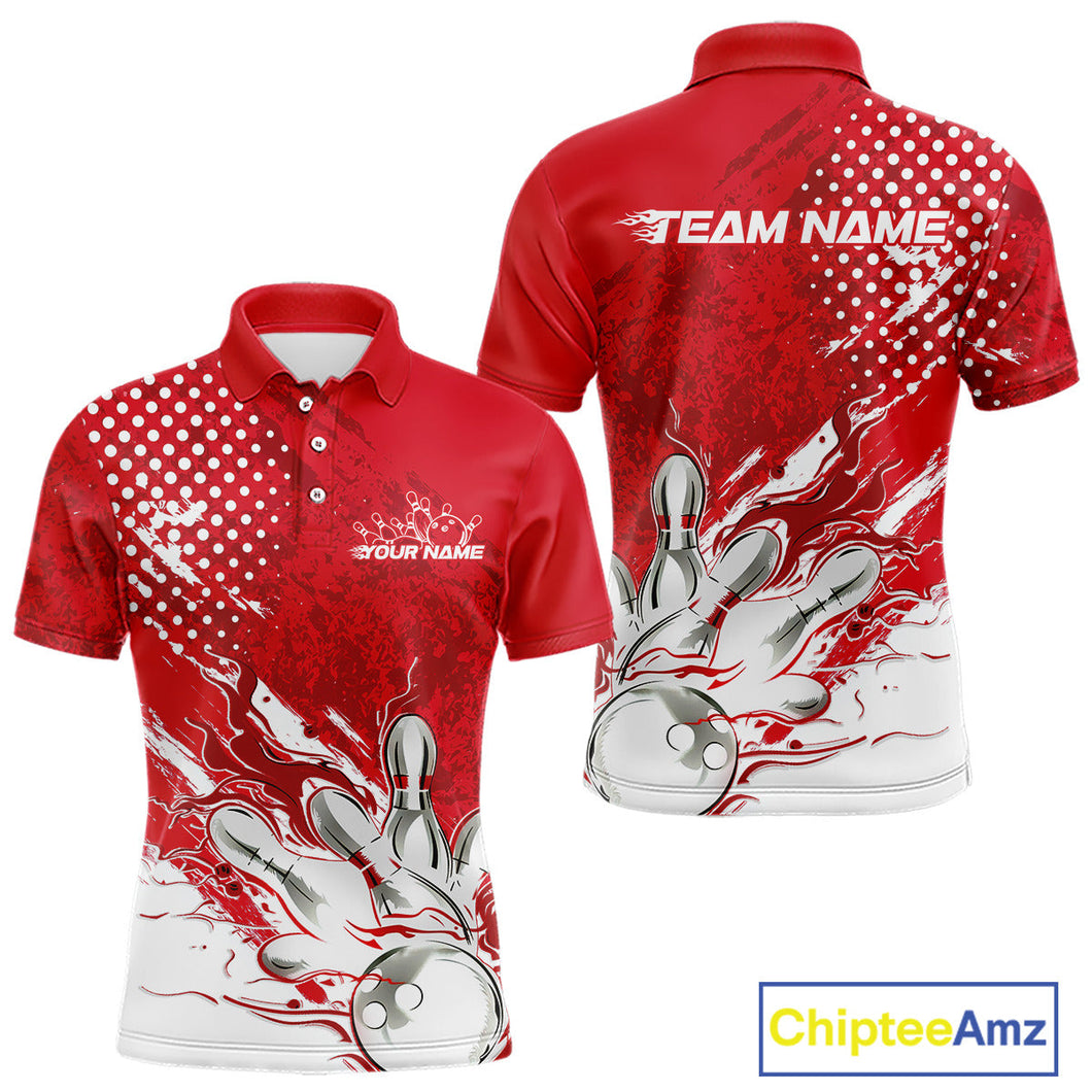 Custom White And Red Bowling Team Polo Shirts For Men, Flame Bowling Jerseys Team Shirt IPHW9618