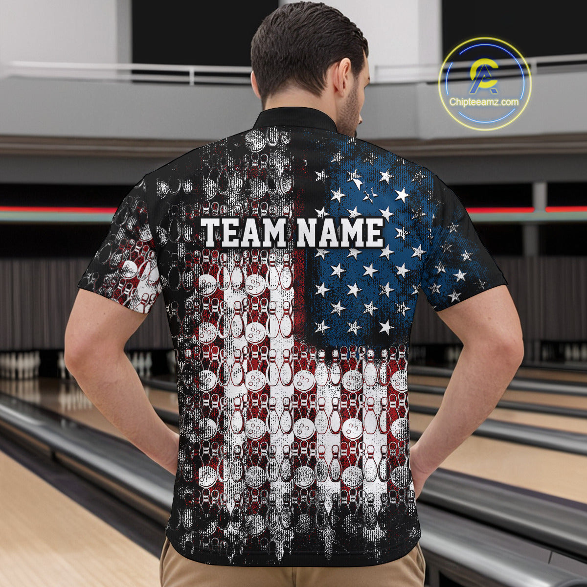 Custom Patriotic US Flag Bowling Men Quarter-Zip Team Shirts, American Bowling League Shirt IPHW9325