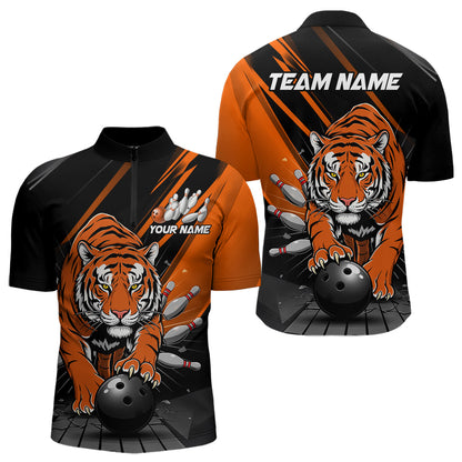 Custom Tiger Bowling Team Quarter-Zip Shirts For Men, Bowling Tournament Outfit IPHW9096