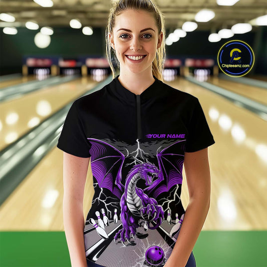 Custom Purple Dragon On The Lane Bowling Women Quarter-Zip Shirts, Bowling Team Shirt IPHW9102