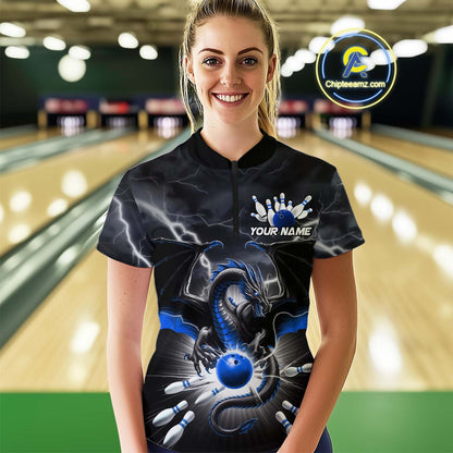 Custom Thunder Lightning Blue Dragon Bowling Team Women Quarter-Zip Shirt, Bowling Jersey IPHW9111