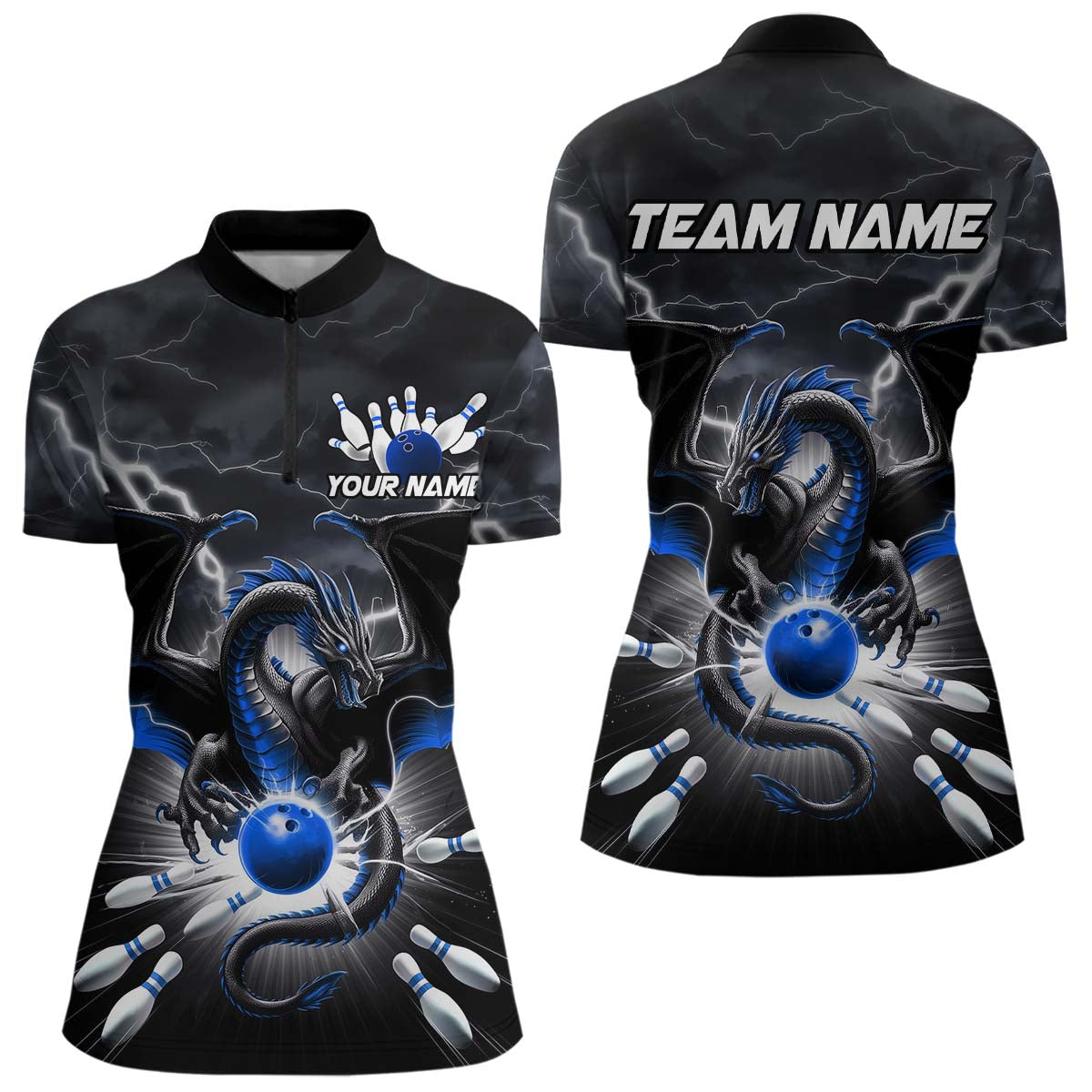 Custom Thunder Lightning Blue Dragon Bowling Team Women Quarter-Zip Shirt, Bowling Jersey IPHW9111