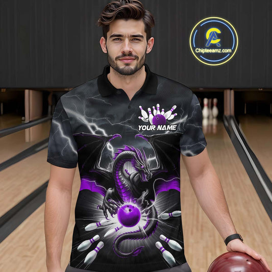 Custom Thunder Lightning Purple Dragon Bowling Team Polo Shirts For Men, Bowling Jerseys IPHW9112