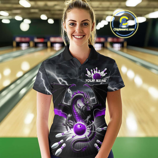 Custom Thunder Lightning Purple Dragon Bowling Team Polo Shirt For Women, Bowling Jerseys IPHW9112