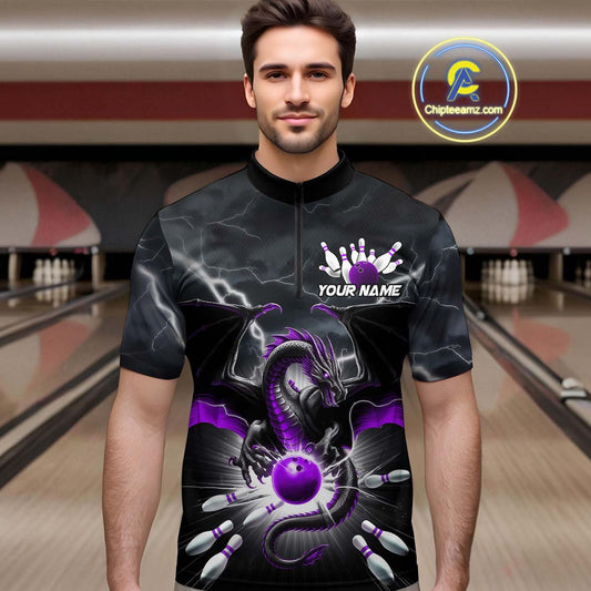 Custom Thunder Lightning Purple Dragon Bowling Team Quarter-Zip Shirts For Men, Bowling Jerseys IPHW9112