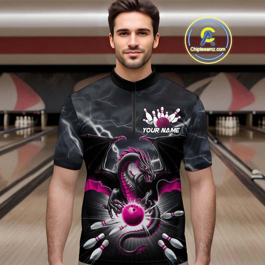 Custom Thunder Lightning Pink Dragon Bowling Team Quarter-Zip Shirts For Men, Bowling Jerseys IPHW9113