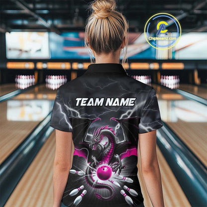 Custom Thunder Lightning Pink Dragon Bowling Women Quarter-Zip Shirts, Bowling Jerseys IPHW9113