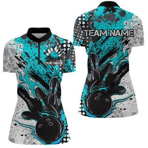 Black And Blue Custom Flame Ladies Bowling Shirts, Splatter Bowling Team Jerseys Outfit IPHW7168