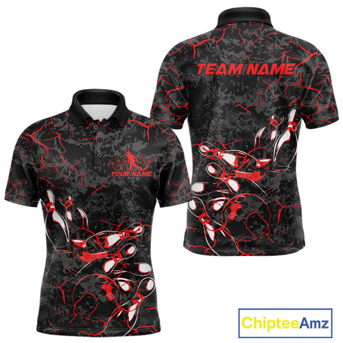 Custom Black And Red Camo Bowling Team Polo Shirts For Men, Bowling League Shirt IPHW9370