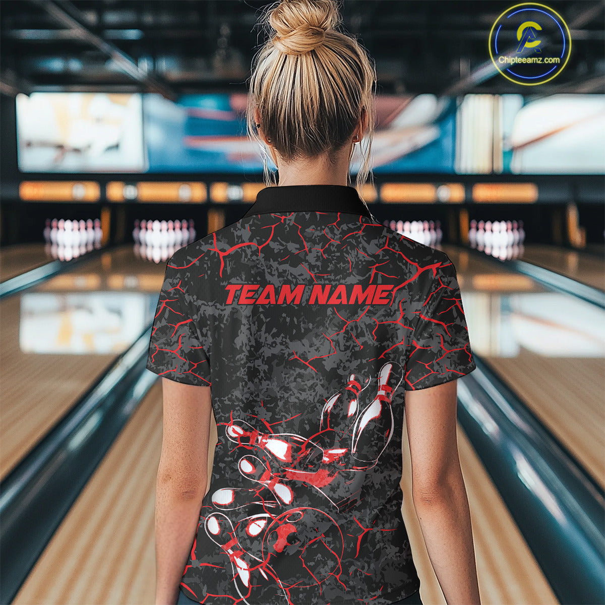 Custom Black And Red Camo Bowling Team Women Quarter-Zip Shirts, Bowling League Shirt IPHW9370