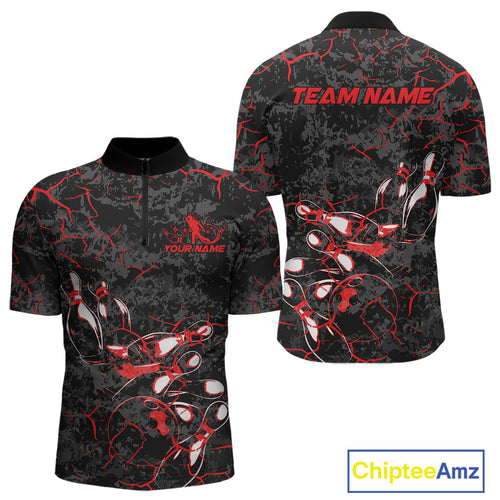 Custom Black And Red Camo Bowling Team Quarter-Zip Shirts For Men, Bowling League Shirt IPHW9370
