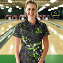 Load image into Gallery viewer, Custom Black And Green Camo Bowling Team Polo Shirts For Women, Bowling League Shirt IPHW9372