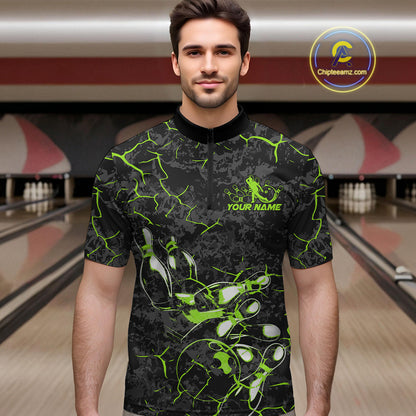Custom Black And Green Camo Bowling Team Quarter-Zip Shirts For Men, Bowling League Shirt IPHW9372