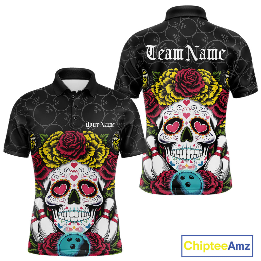 Custom Flower Sugar Skull Bowling Team Polo Shirts For Men, Halloween Bowler Outfit IPHW9750