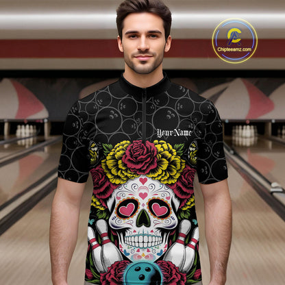 Custom Flower Sugar Skull Bowling Team Quarter-Zip Shirts For Men, Halloween Bowler Outfit IPHW9750