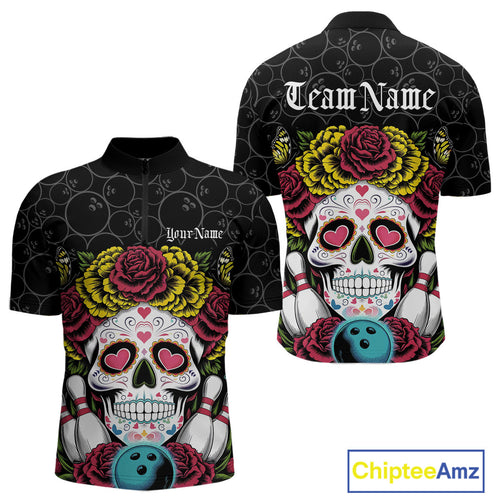 Custom Flower Sugar Skull Bowling Team Quarter-Zip Shirts For Men, Halloween Bowler Outfit IPHW9750