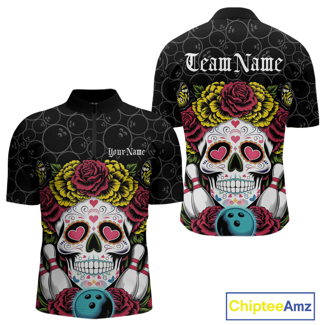 Custom Flower Sugar Skull Bowling Team Quarter-Zip Shirts For Men, Halloween Bowler Outfit IPHW9750