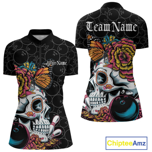 Custom Colorful Sugar Skull Bowling Team Women Quarter-Zip Shirt, Halloween Bowler Outfit IPHW9751