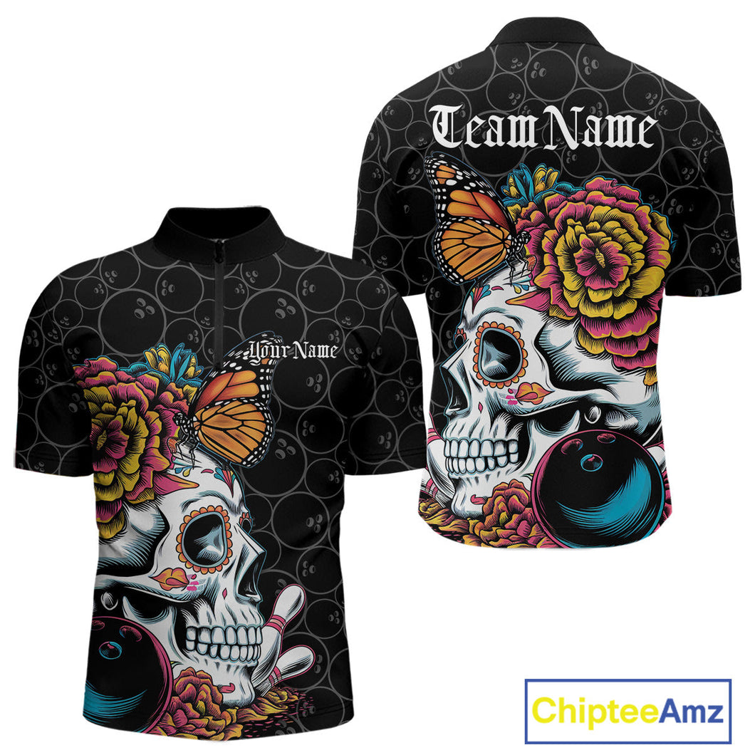 Custom Colorful Sugar Skull Bowling Team Quarter-Zip Shirts For Men, Halloween Bowler Outfit IPHW9751