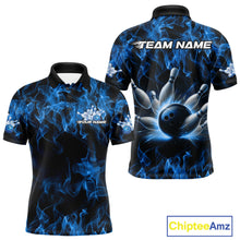 Load image into Gallery viewer, Custom Black And Blue Flame Bowling Team Men Polo Shirts, Bowling Tournament Shirt IPHW9754