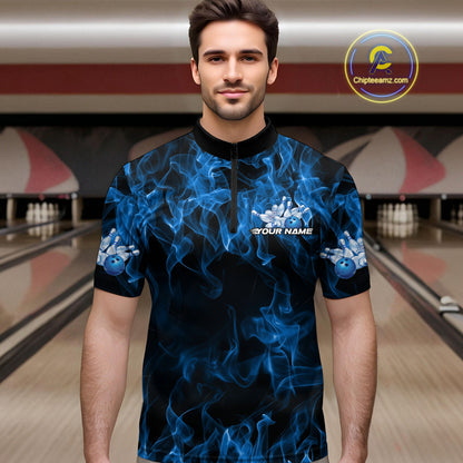 Custom Black And Blue Flame Bowling Team Men Quarter-Zip Shirts, Bowling Tournament Shirt IPHW9754