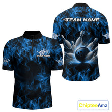 Load image into Gallery viewer, Custom Black And Blue Flame Bowling Team Men Quarter-Zip Shirts, Bowling Tournament Shirt IPHW9754