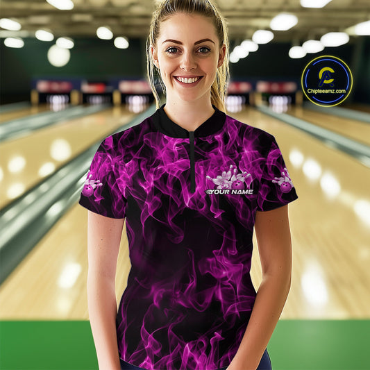 Custom Black And Pink Flame Bowling Women Quarter-Zip Shirts, Bowling Tournament Shirt IPHW9757