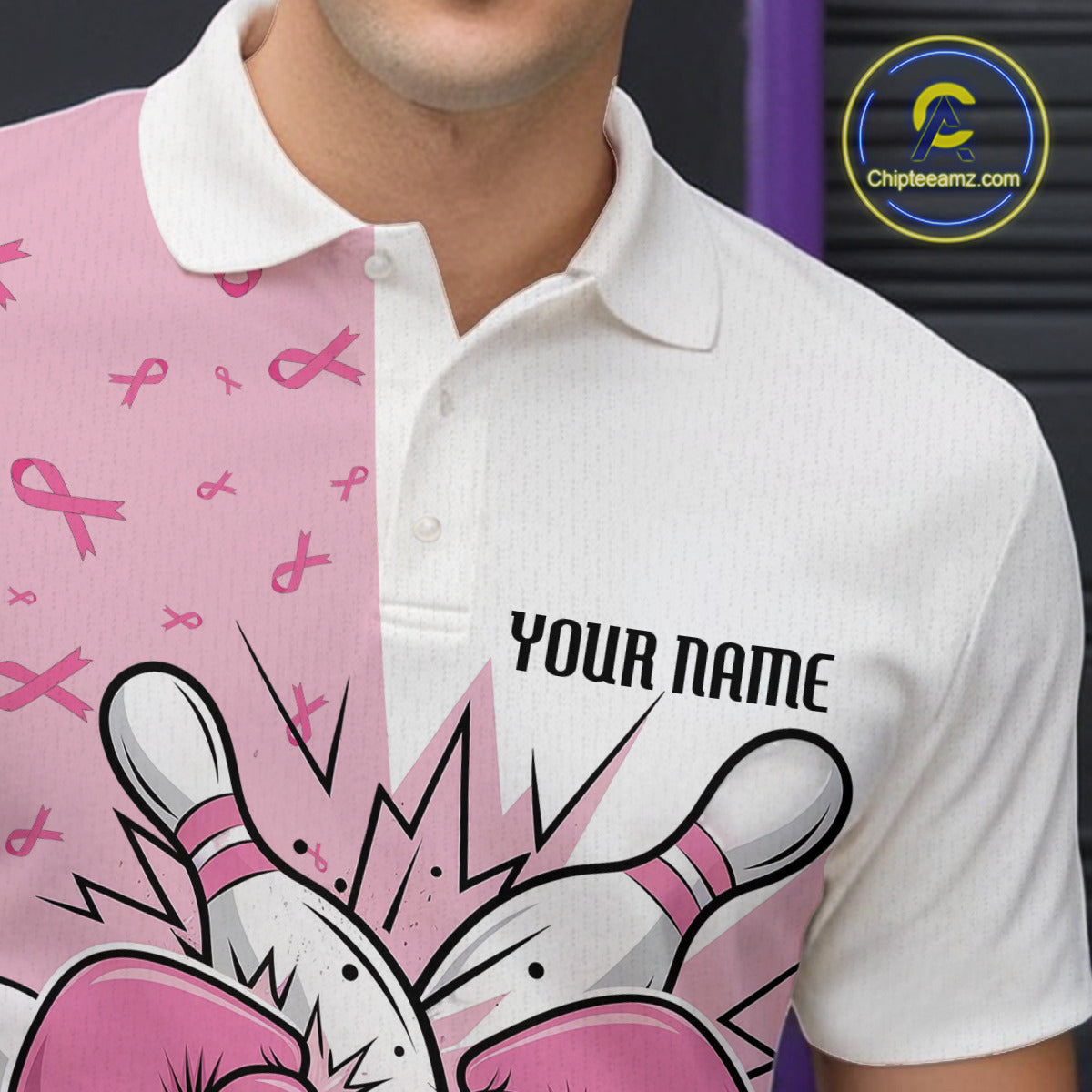 Custom Funny Pink Breast Cancer Bowling Men Polo Shirt, Breast Cancer Fighter Jerseys IPHW9394