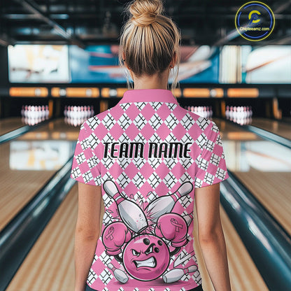 Custom Pink Argyle Pattern Funny Breast Cancer Fighter Bowling Women Quarter-Zip Shirts IPHW9396