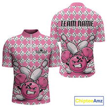 Load image into Gallery viewer, Custom Pink Argyle Pattern Funny Breast Cancer Fighter Bowling Quarter-Zip Shirts For Men IPHW9396