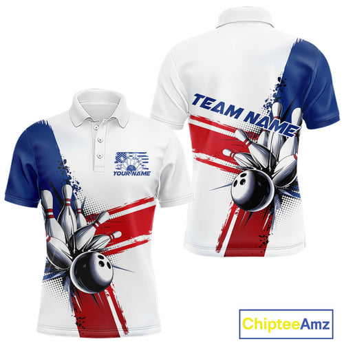 Personalized Red, White And Blue Patriotic US Flag Bowling Polo Shirts For Men Team IPHW9543