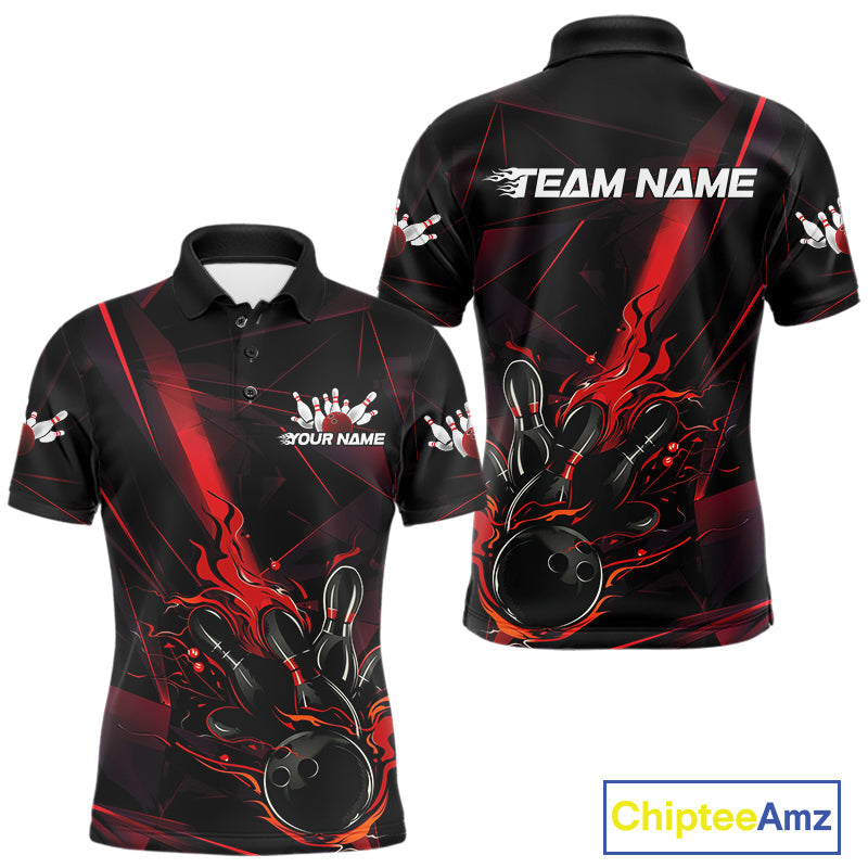 Custom Black And Red Flame Bowling Team Men Polo Shirts, Fire Bowling Jerseys IPHW9612