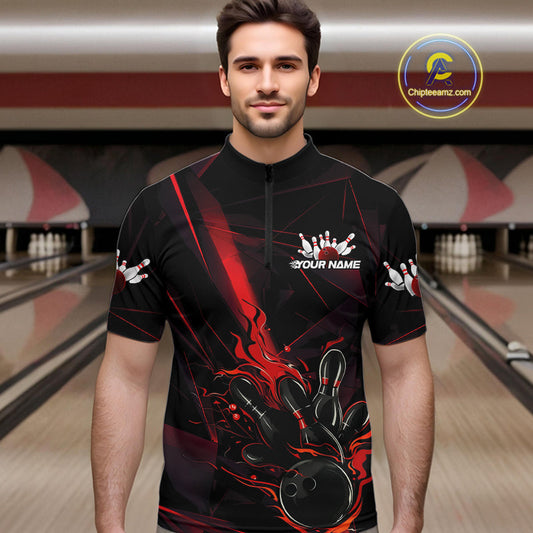 Custom Black And Red Flame Bowling Team Men Quarter-Zip Shirts, Fire Bowling Jerseys IPHW9612