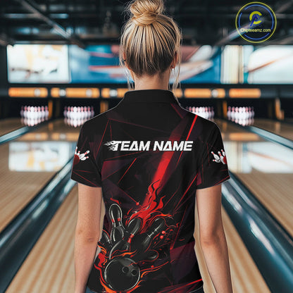 Custom Black And Red Flame Bowling Team Women Quarter-Zip Shirts, Fire Bowling Jerseys IPHW9612
