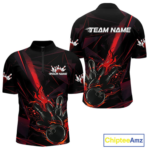 Custom Black And Red Flame Bowling Team Men Quarter-Zip Shirts, Fire Bowling Jerseys IPHW9612