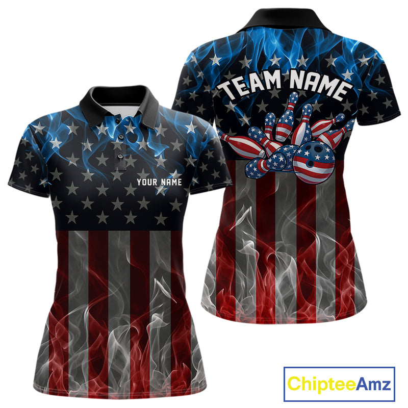 Custom Red And Blue Flame American Flag Patriotic Bowling Women Polo Shirts, Team Uniform IPHW9715