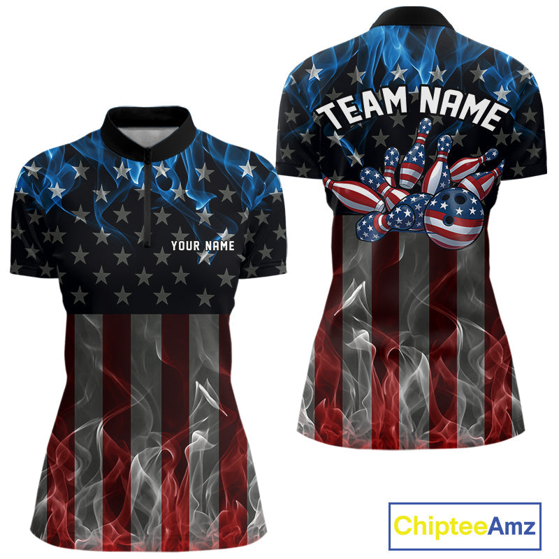 Custom Red And Blue Flame American Flag Patriotic Bowling Women Quarter-Zip Shirts IPHW9715