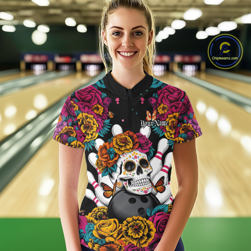 Custom Flower Sugar Skull Bowling Team Women Quarter-Zip Shirts, Halloween Bowler Outfit IPHW9749
